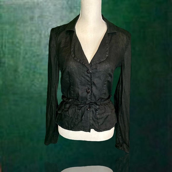 Vintage Armani Jeans Black 100% Linen Button Down Ruffled Waist Blazer Size 6 - Picture 2 of 13